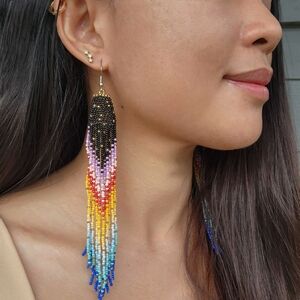 Rainbow Boho Beaded Fringe Earrings Handmade Cosmic Jewelry Tribal Boheme